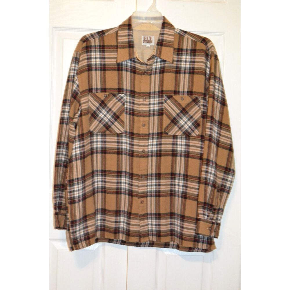 Vintage Ely Cattleman Acrylic Western Brown Red White Plaid Shirt Men's XL
